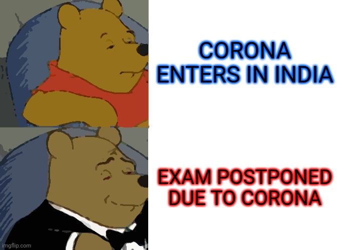 Tuxedo Winnie The Pooh Meme | CORONA ENTERS IN INDIA; EXAM POSTPONED DUE TO CORONA | image tagged in memes,tuxedo winnie the pooh | made w/ Imgflip meme maker