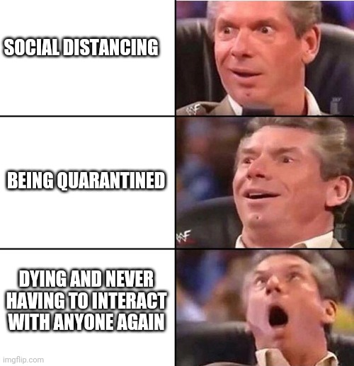 When you're an introvert | SOCIAL DISTANCING; BEING QUARANTINED; DYING AND NEVER HAVING TO INTERACT WITH ANYONE AGAIN | image tagged in vince mcmahon | made w/ Imgflip meme maker