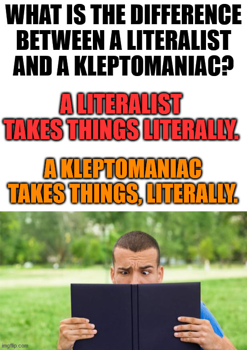 WHAT IS THE DIFFERENCE BETWEEN A LITERALIST AND A KLEPTOMANIAC? A LITERALIST TAKES THINGS LITERALLY. A KLEPTOMANIAC TAKES THINGS, LITERALLY. | image tagged in blank white template | made w/ Imgflip meme maker