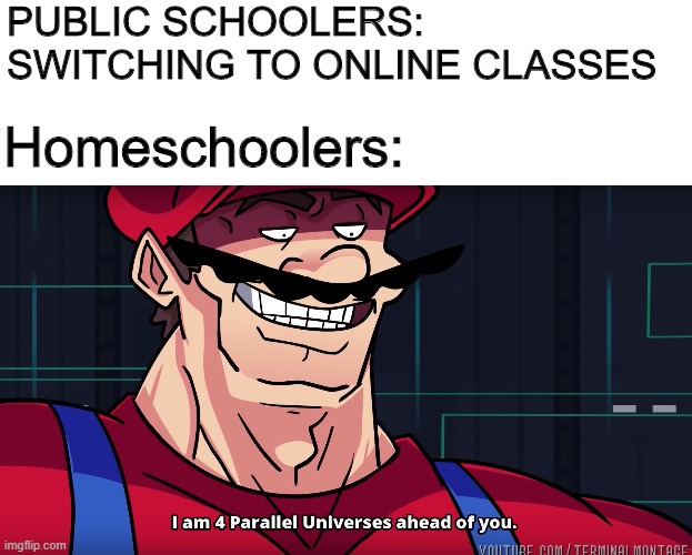 I'm a Homeschooler, so I can rightfully say this. | PUBLIC SCHOOLERS: SWITCHING TO ONLINE CLASSES; Homeschoolers: | image tagged in mario i am four parallel universes ahead of you,terminal montage,coronavirus,public school,homeschool,memes | made w/ Imgflip meme maker