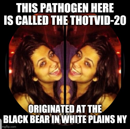 COVID-19 GIRL | THIS PATHOGEN HERE IS CALLED THE THOTVID-20; ORIGINATED AT THE BLACK BEAR IN WHITE PLAINS NY | image tagged in covid-19 girl | made w/ Imgflip meme maker