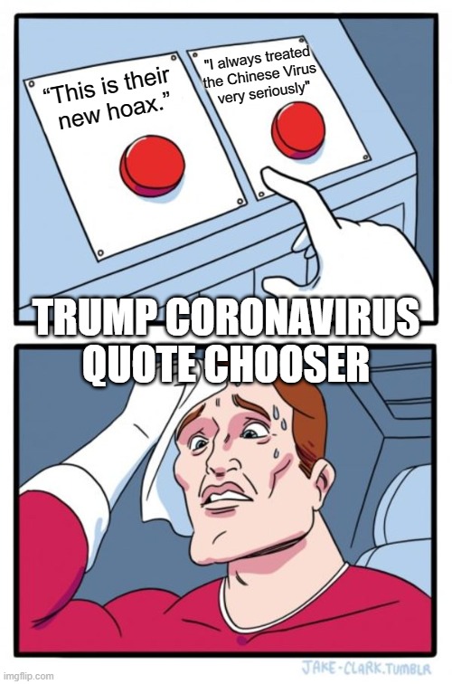 More Flip Flops than the Beach | "I always treated 
the Chinese Virus 
very seriously"; “This is their 
new hoax.”; TRUMP CORONAVIRUS QUOTE CHOOSER | image tagged in memes,two buttons,trump,2020,coronavirus | made w/ Imgflip meme maker