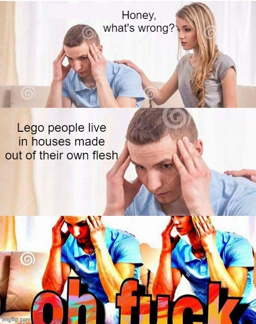 Mind Blown! | Honey, what's wrong? Lego people live in houses made out of their own flesh | image tagged in oh fuck,memes,funny,lego,mind blown | made w/ Imgflip meme maker