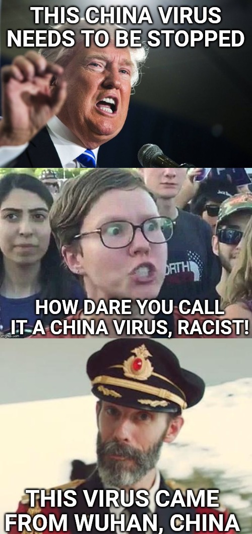 This is a crisis and all the Democrats can do is play identity politics as usual. | THIS CHINA VIRUS NEEDS TO BE STOPPED; HOW DARE YOU CALL IT A CHINA VIRUS, RACIST! THIS VIRUS CAME FROM WUHAN, CHINA | image tagged in captain obvious,donald trump,meme angry woman,coronavirus | made w/ Imgflip meme maker