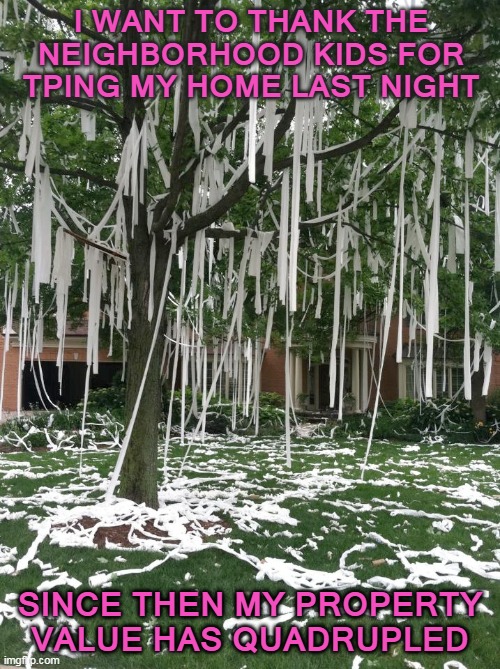 We Been Spendin' Most Our Lives Livin' In A TP Paradise | I WANT TO THANK THE NEIGHBORHOOD KIDS FOR TPING MY HOME LAST NIGHT; SINCE THEN MY PROPERTY VALUE HAS QUADRUPLED | image tagged in memes,toilet paper,coronavirus,corona,no more toilet paper,tp | made w/ Imgflip meme maker