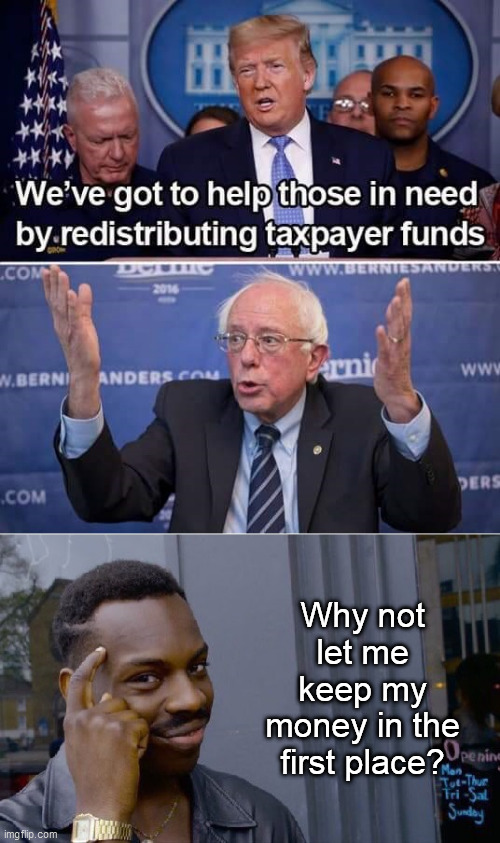 Why Not? | Why not let me keep my money in the first place? | image tagged in taxes,coronavirus,donald trump,bernie sanders | made w/ Imgflip meme maker