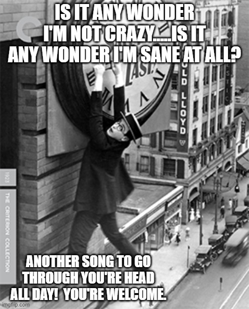 Too much time on my hands | IS IT ANY WONDER I'M NOT CRAZY.....IS IT ANY WONDER I'M SANE AT ALL? ANOTHER SONG TO GO THROUGH YOU'RE HEAD ALL DAY!  YOU'RE WELCOME. | image tagged in too much time on my hands | made w/ Imgflip meme maker