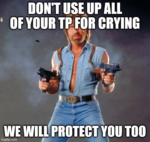 Chuck Norris Guns Meme | DON'T USE UP ALL OF YOUR TP FOR CRYING; WE WILL PROTECT YOU TOO | image tagged in memes,chuck norris guns,chuck norris | made w/ Imgflip meme maker