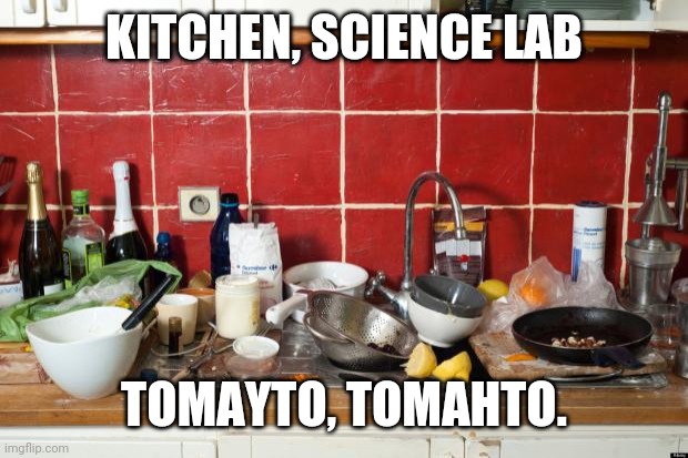 Messy Kitchen | KITCHEN, SCIENCE LAB; TOMAYTO, TOMAHTO. | image tagged in messy kitchen | made w/ Imgflip meme maker