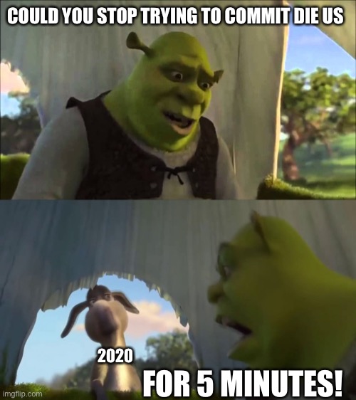 shrek five minutes | COULD YOU STOP TRYING TO COMMIT DIE US; 2020; FOR 5 MINUTES! | image tagged in shrek five minutes | made w/ Imgflip meme maker