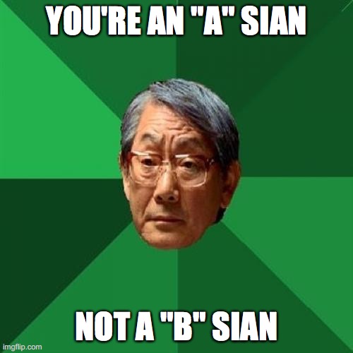 High Expectations Asian Father Meme | YOU'RE AN "A" SIAN; NOT A "B" SIAN | image tagged in memes,high expectations asian father | made w/ Imgflip meme maker