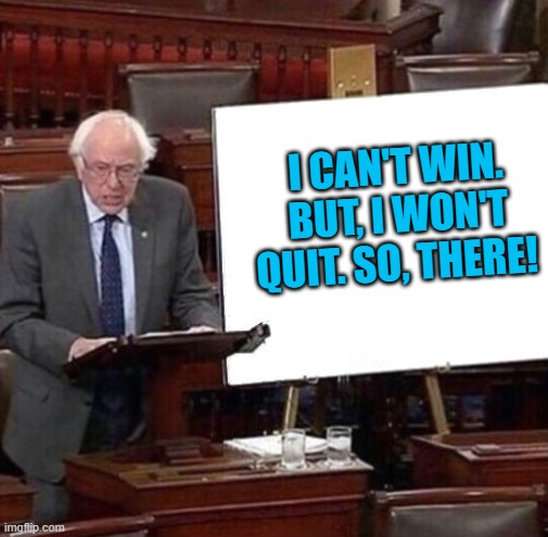 Bernie Sanders Poster | I CAN'T WIN. BUT, I WON'T QUIT. SO, THERE! | image tagged in bernie sanders poster | made w/ Imgflip meme maker