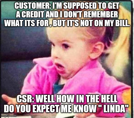 How am i supposed to know | CUSTOMER: I'M SUPPOSED TO GET A CREDIT AND I DON'T REMEMBER WHAT ITS FOR , BUT IT'S NOT ON MY BILL. CSR: WELL HOW IN THE HELL DO YOU EXPECT ME KNOW " LINDA" | image tagged in confused girl,customer service | made w/ Imgflip meme maker