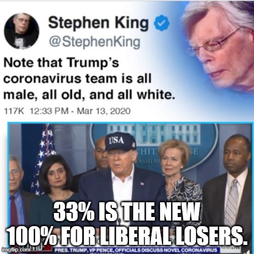 Stephen King is blind. | 33% IS THE NEW 100% FOR LIBERAL LOSERS. | image tagged in memes,stephen king,blind,liberal math | made w/ Imgflip meme maker