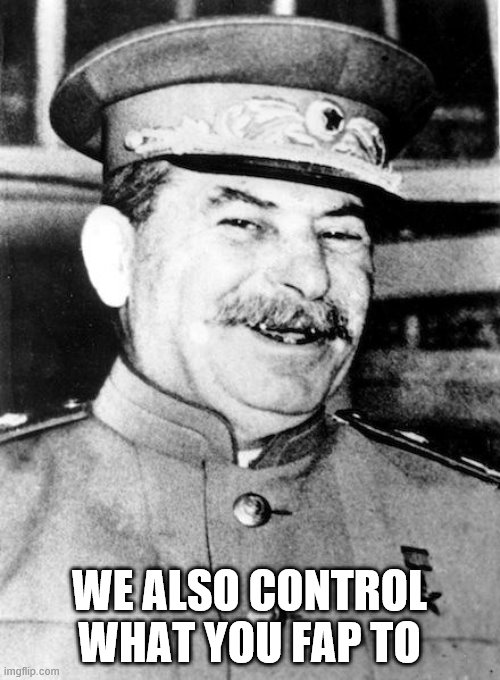 Stalin smile | WE ALSO CONTROL WHAT YOU FAP TO | image tagged in stalin smile | made w/ Imgflip meme maker