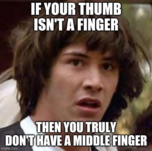 Conspiracy Keanu Meme | IF YOUR THUMB ISN'T A FINGER; THEN YOU TRULY DON'T HAVE A MIDDLE FINGER | image tagged in memes,conspiracy keanu | made w/ Imgflip meme maker