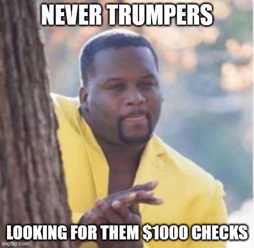 Licking lips | NEVER TRUMPERS; LOOKING FOR THEM $1000 CHECKS | image tagged in licking lips | made w/ Imgflip meme maker