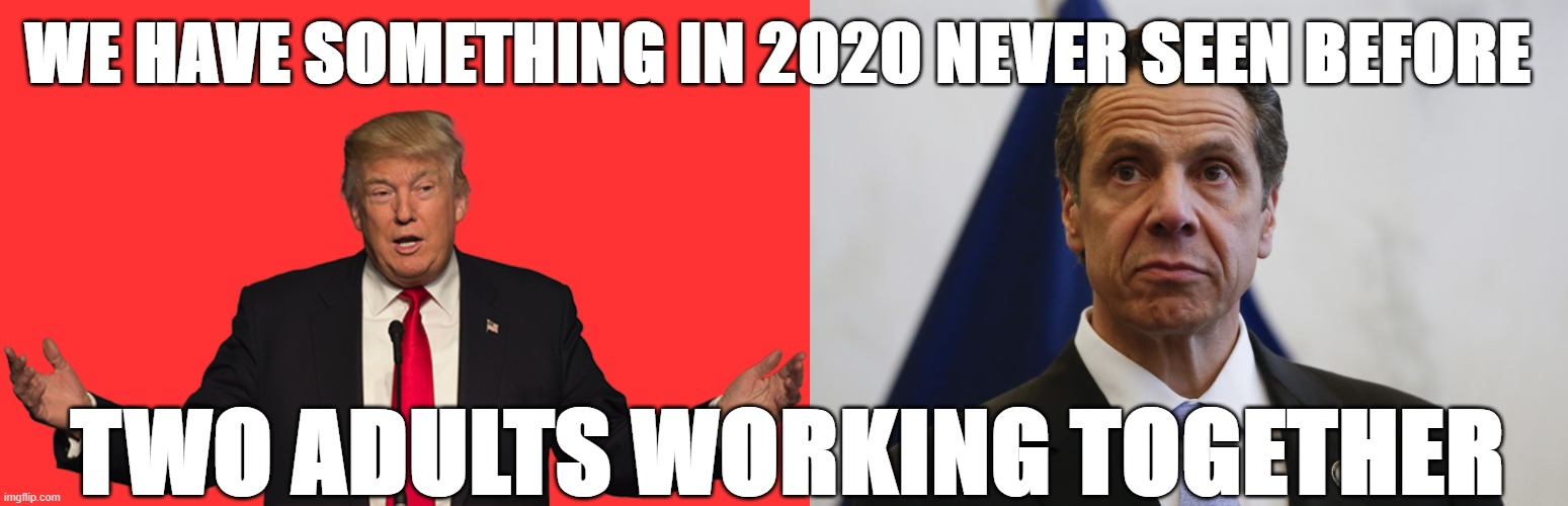 it's a miracle | WE HAVE SOMETHING IN 2020 NEVER SEEN BEFORE; TWO ADULTS WORKING TOGETHER | image tagged in andrew cuomo,donald trump,coronavirus,2020 | made w/ Imgflip meme maker