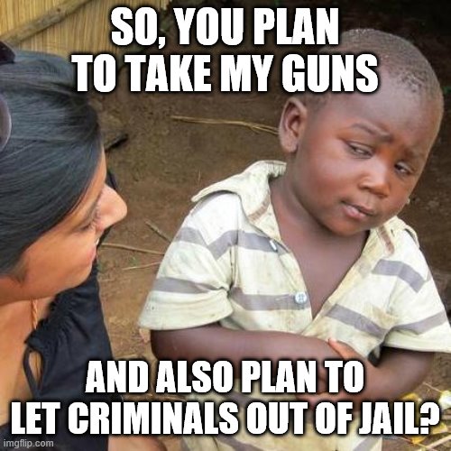 Third World Skeptical Kid Meme | SO, YOU PLAN TO TAKE MY GUNS; AND ALSO PLAN TO LET CRIMINALS OUT OF JAIL? | image tagged in memes,third world skeptical kid | made w/ Imgflip meme maker