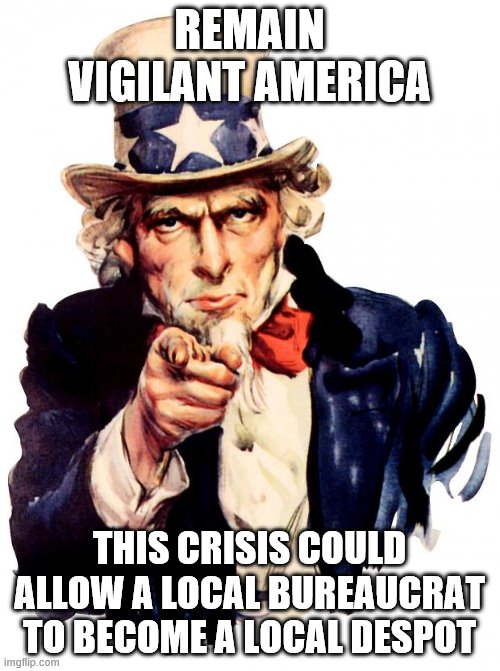 Uncle Sam Meme | REMAIN VIGILANT AMERICA; THIS CRISIS COULD ALLOW A LOCAL BUREAUCRAT TO BECOME A LOCAL DESPOT | image tagged in memes,uncle sam | made w/ Imgflip meme maker