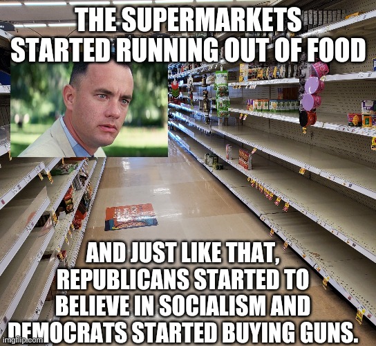 Magnetic Reversal of Policy Positions | THE SUPERMARKETS STARTED RUNNING OUT OF FOOD; AND JUST LIKE THAT, REPUBLICANS STARTED TO BELIEVE IN SOCIALISM AND DEMOCRATS STARTED BUYING GUNS. | image tagged in covid-19,corona virus,election 2020,panic | made w/ Imgflip meme maker