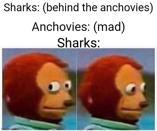 Monkey Puppet | Sharks: (behind the anchovies); Anchovies: (mad); Sharks: | image tagged in memes,monkey puppet | made w/ Imgflip meme maker