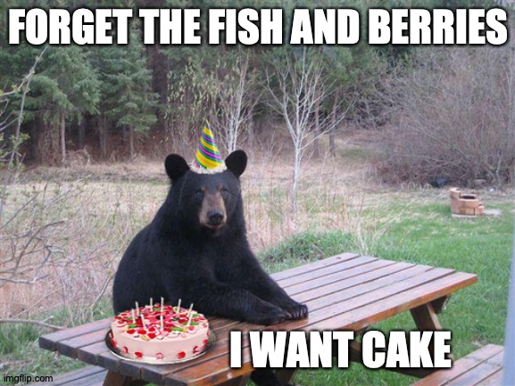 Birthday Bear | FORGET THE FISH AND BERRIES; I WANT CAKE | image tagged in birthday bear | made w/ Imgflip meme maker