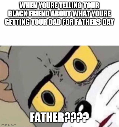 Confused Tom cat face | WHEN YOURE TELLING YOUR BLACK FRIEND ABOUT WHAT YOURE GETTING YOUR DAD FOR FATHERS DAY; FATHER???? | image tagged in confused tom cat face | made w/ Imgflip meme maker