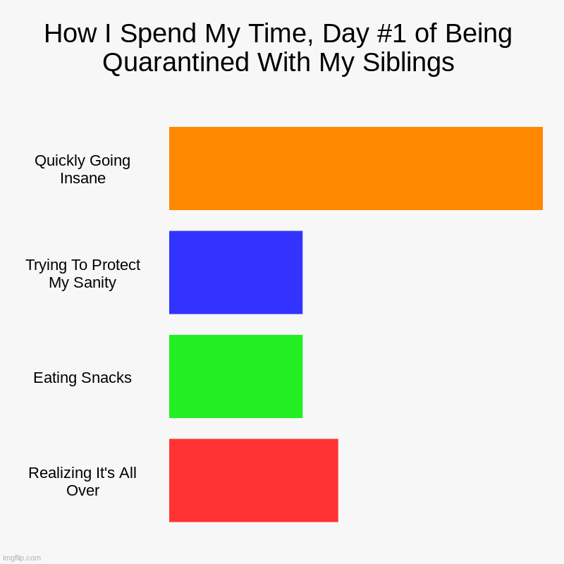 How I Spend My Time, Day #1 of Being Quarantined With My Siblings | Quickly Going Insane, Trying To Protect My Sanity, Eating Snacks, Realiz | image tagged in charts,bar charts | made w/ Imgflip chart maker