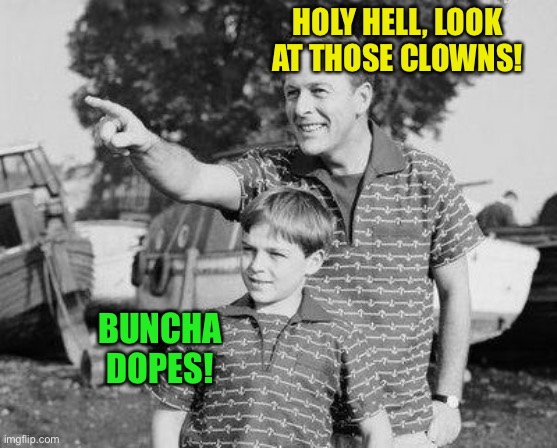 Look son | HOLY HELL, LOOK AT THOSE CLOWNS! BUNCHA DOPES! | image tagged in look son | made w/ Imgflip meme maker