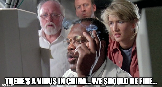 Jurassic Park Mr Arnold | THERE'S A VIRUS IN CHINA... WE SHOULD BE FINE... | image tagged in jurassic park mr arnold | made w/ Imgflip meme maker