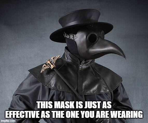 Plauge doctor | THIS MASK IS JUST AS EFFECTIVE AS THE ONE YOU ARE WEARING | image tagged in plauge doctor | made w/ Imgflip meme maker