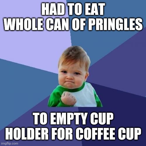 Success Kid Meme | HAD TO EAT WHOLE CAN OF PRINGLES; TO EMPTY CUP HOLDER FOR COFFEE CUP | image tagged in memes,success kid | made w/ Imgflip meme maker