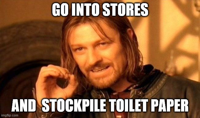 One Does Not Simply Meme | GO INTO STORES; AND  STOCKPILE TOILET PAPER | image tagged in memes,one does not simply | made w/ Imgflip meme maker