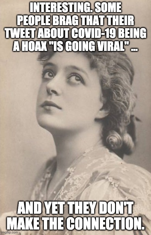 Just thinking | INTERESTING. SOME PEOPLE BRAG THAT THEIR TWEET ABOUT COVID-19 BEING A HOAX "IS GOING VIRAL" ... AND YET THEY DON'T MAKE THE CONNECTION. | image tagged in just thinking | made w/ Imgflip meme maker
