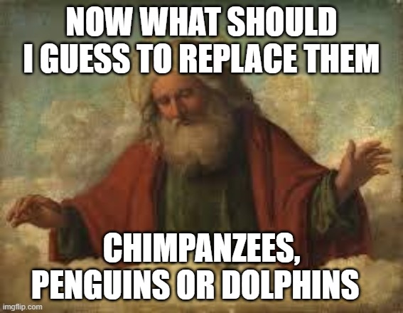 god | NOW WHAT SHOULD I GUESS TO REPLACE THEM CHIMPANZEES, PENGUINS OR DOLPHINS | image tagged in god | made w/ Imgflip meme maker