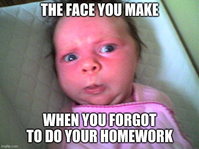 funny baby | THE FACE YOU MAKE; WHEN YOU FORGOT TO DO YOUR HOMEWORK | image tagged in funny memes,baby | made w/ Imgflip meme maker