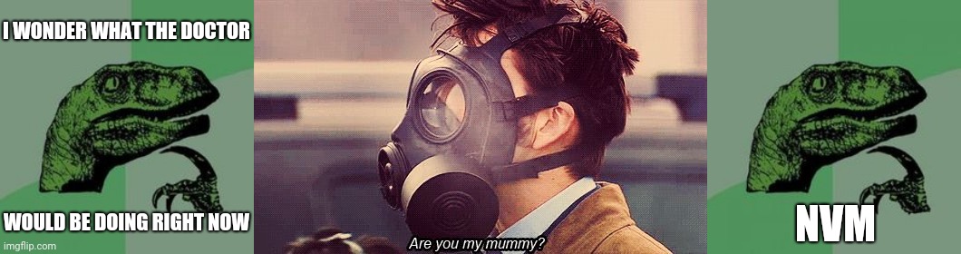 What Would the Doctor Do? | I WONDER WHAT THE DOCTOR; WOULD BE DOING RIGHT NOW; NVM | image tagged in time raptor,10th doctor,are you my mummy | made w/ Imgflip meme maker