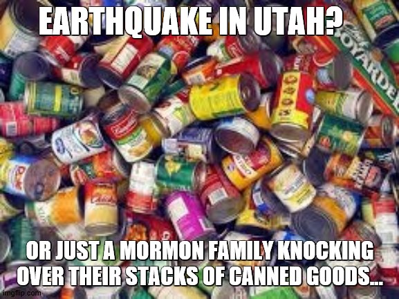 Hoarding | EARTHQUAKE IN UTAH? OR JUST A MORMON FAMILY KNOCKING OVER THEIR STACKS OF CANNED GOODS... | image tagged in hoarding,mormons,pandemic | made w/ Imgflip meme maker