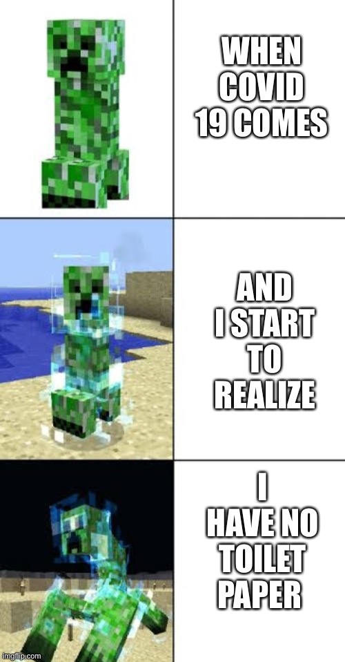 Minecraft creeper template | WHEN COVID 19 COMES; AND I START TO REALIZE; I HAVE NO TOILET PAPER | image tagged in minecraft creeper template | made w/ Imgflip meme maker