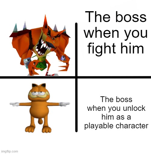 Relatable. |  The boss when you fight him; The boss when you unlock him as a playable character | image tagged in memes,blank starter pack,tiger,garfield,the boss,boss | made w/ Imgflip meme maker