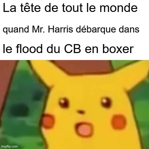 Surprised Pikachu Meme | La tête de tout le monde; quand Mr. Harris débarque dans; le flood du CB en boxer | image tagged in memes,surprised pikachu | made w/ Imgflip meme maker