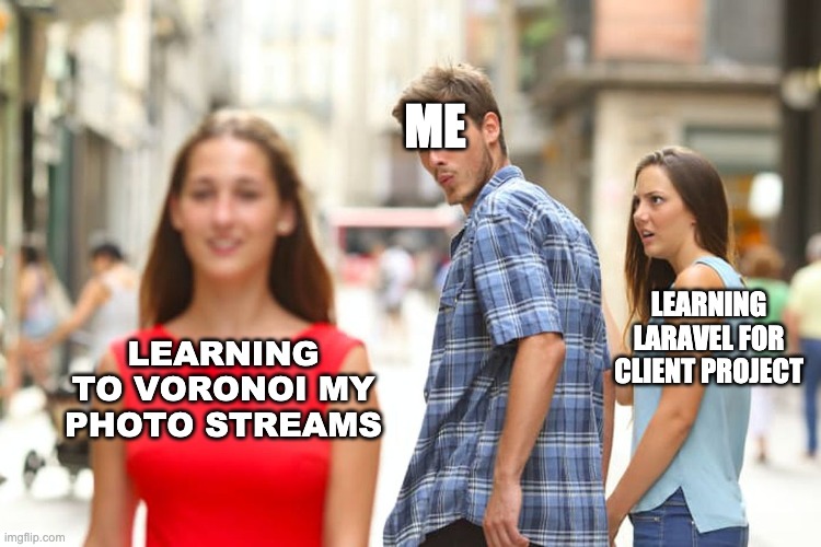 Distracted Boyfriend | ME; LEARNING TO VORONOI MY PHOTO STREAMS; LEARNING LARAVEL FOR CLIENT PROJECT | image tagged in memes,distracted boyfriend | made w/ Imgflip meme maker