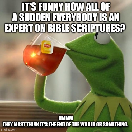 But That's None Of My Business | IT'S FUNNY HOW ALL OF A SUDDEN EVERYBODY IS AN EXPERT ON BIBLE SCRIPTURES? HMMM
THEY MOST THINK IT'S THE END OF THE WORLD OR SOMETHING. | image tagged in memes,but thats none of my business,kermit the frog | made w/ Imgflip meme maker