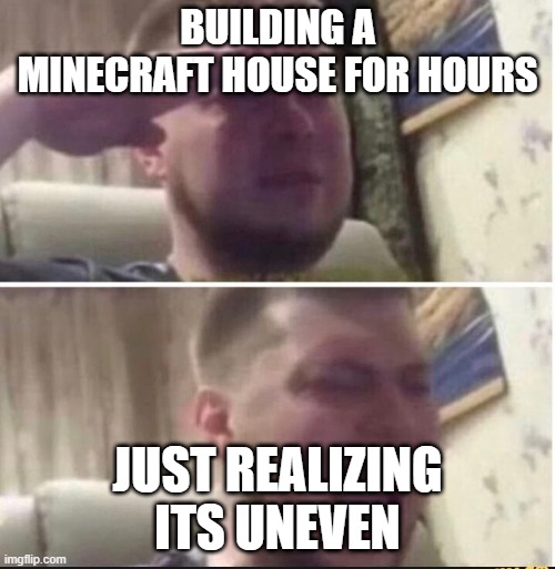 Crying salute | BUILDING A MINECRAFT HOUSE FOR HOURS; JUST REALIZING ITS UNEVEN | image tagged in crying salute | made w/ Imgflip meme maker