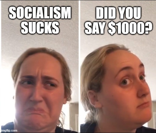 socialism rocks | DID YOU SAY $1000? SOCIALISM SUCKS | image tagged in kombucha girl,socialism,conservative hypocrisy,covid bucks | made w/ Imgflip meme maker