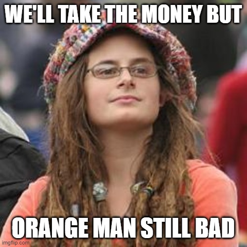 hippie meme girl | WE'LL TAKE THE MONEY BUT ORANGE MAN STILL BAD | image tagged in hippie meme girl | made w/ Imgflip meme maker