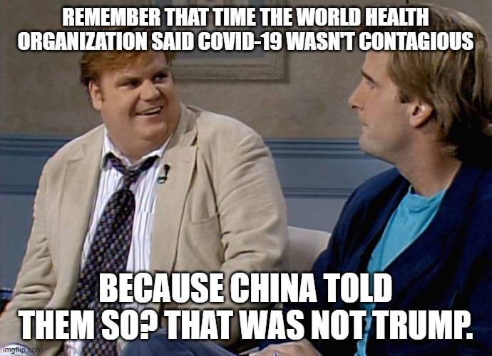 Remember that time | REMEMBER THAT TIME THE WORLD HEALTH ORGANIZATION SAID COVID-19 WASN'T CONTAGIOUS BECAUSE CHINA TOLD THEM SO? THAT WAS NOT TRUMP. | image tagged in remember that time | made w/ Imgflip meme maker