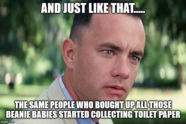 And Just Like That Meme |  AND JUST LIKE THAT..... THE SAME PEOPLE WHO BOUGHT UP ALL THOSE BEANIE BABIES STARTED COLLECTING TOILET PAPER | image tagged in memes,and just like that | made w/ Imgflip meme maker