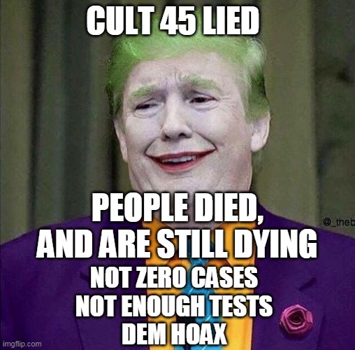 Trump the Joker | CULT 45 LIED; PEOPLE DIED, AND ARE STILL DYING; NOT ZERO CASES
NOT ENOUGH TESTS
DEM HOAX | image tagged in trump the joker | made w/ Imgflip meme maker